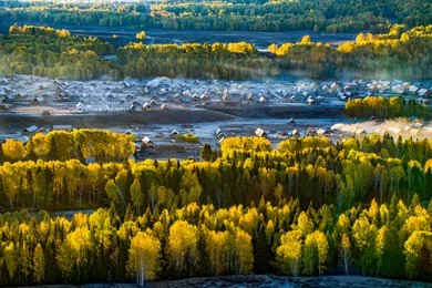 blue tone of hemu village in the foggy early morning
