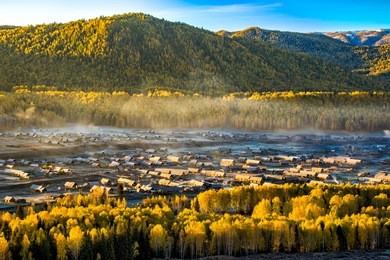 blue tone of hemu village in the foggy early morning
