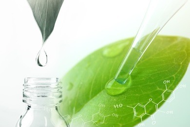 water drop from leaf and laboratory for natural chemistry concept