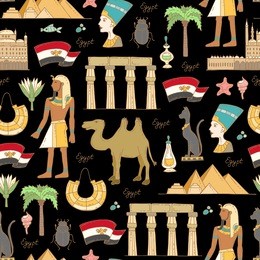 vector seamless pattern with hand drawn colored symbols of egypt on black color.  pattern on the theme of travel and tourism.  background for use in design, packing, web site, fabric