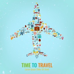 airplane silhouette with travel flat icons. travel and tourism concept. vector