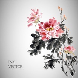 vector illustration.peony flower,traditional chinese ink painting.
