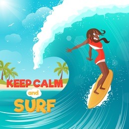 tropical island big ocean waves surfing vacation travel flat poster with palms beach background abstract vector illustration 