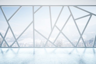 creative empty interior with abstract panoramic windows and snowy landscape view. 3d rendering