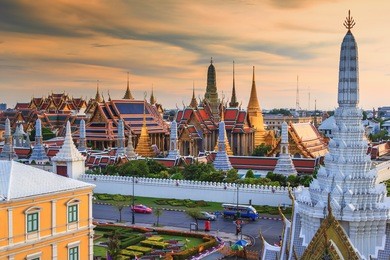 grand palace and wat phra keaw at sunset bangkok, thailand. beautiful landmark of thailand. temple of the emerald buddha. the city of grand view. landscape of the capital city