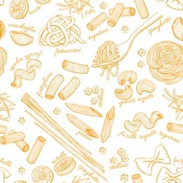 vector hand drawn pasta pattern. vintage line art illustration. outline food background
