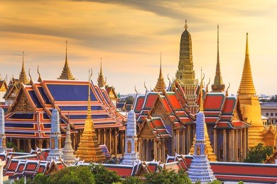 grand palace and wat phra keaw at sunset bangkok, thailand. beautiful landmark of thailand. temple of the emerald buddha.  landscape of the capital city