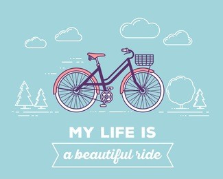 vector illustration of retro pastel color bicycle with basket, text my life is beautiful ride on blue background. bike adventure concept. thin line art flat design of vintage bicycle, riding, cycling