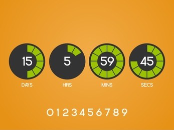 countdown timer for the website. round section. days, hours, minutes, seconds. orange background.