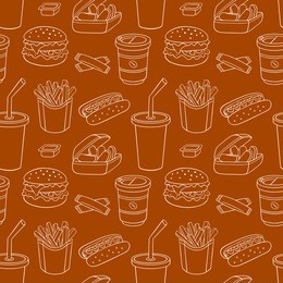 white line seamless pattern with fast food. vector sketch background.