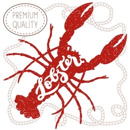 red lobster silhouette seafood shop label, emblem template; hand drawn lettering with grunge effect in rope frame on white background; poster or postcard, element of restaurant menu