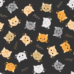 seamless kitten background. japanese manga style. illustration with cute cats. kawaii joyful pets. kitten background. endless texture. animal pattern. black background.