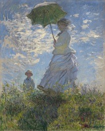 woman with a parasol-madame monet and her son, by claude monet, 1875, french impressionist painting, oil on canvas. contrary to the conventions of traditional portraiture, monet painted the features