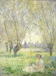 woman seated under the willows, by claude monet, 1880, french impressionist painting, oil on canvas. the figure emerges from the brushstrokes, distinguished by her color in the sunlight, but painted