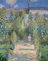 the artist's garden at vetheuil, by claude monet, 1880, french impressionist painting, oil on canvas. this painting was painted less than a year after camille monet's death. monet's two young childre