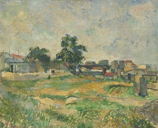 landscape near paris, by paul cezanne, 1876, french post-impressionist painting, oil on canvas. painted during his impressionist period, cezanne worked with a light palette and unblended brushstrokes