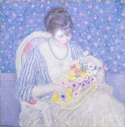 the basket of flowers, by frederick carl frieseke, 1913-17, american impressionist painting, oil on canvas. frieseke was a second-generation american impressionist whose style characterized color and
