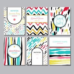 set of creative vector universal cards. wedding, anniversary, birthday, party. design for poster, card, invitation, brochure, flyer. creative hand painted textures. stripes, blobs, strokes.
