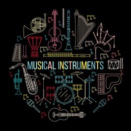 musical instruments isolated on black background. vector illustration. saxophone, cello, french horn, guitar, piano, bagpipes and others. design concept for poster, banner, emblem. modern line style. 