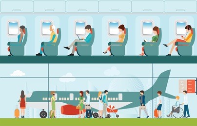 passenger airline in airport terminal and airline interior with plane seat and airplane passengers on the flight business travel vector illustration.