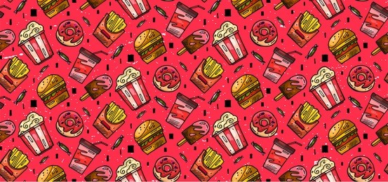 fast food hand drawn vector seamless background.bright coral colored pattern with pop corn,soda,hamburger,french fries,glazed donuts,ice cream and candies.fast food box packing pattern design.