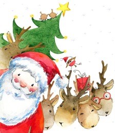 santa clause and reindeer. new year greeting card. christmas watercolor background. 