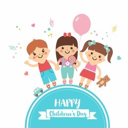 happy children's day. cartoon collection with sweet children on blue frame. boys and girls character with toys. teddy, balloon, candy, car. perfect for invitations, banners and greeting cards.