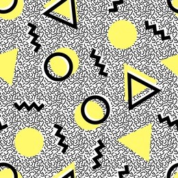 seamless pattern in the memphis style, 80's, with yellow triangles and circles, black different shapes with a white shadow on the background of the black rod, in the form of noise