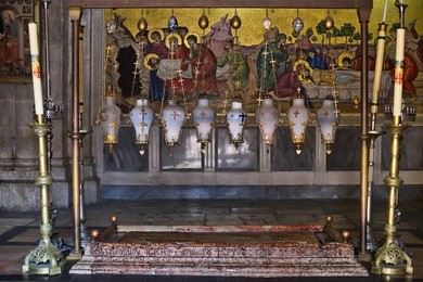 the stone of the anointing (the stone of unction) in church of the resurrection, old city of jerusalem, israel