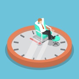 isometric businessman holding hands behind head and relaxing on the sofa with clock, break time, time management concept, vector, eps10