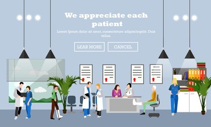 horizontal banner with doctors and hospital interiors. medicine concept. patients passing medical check up. flat cartoon illustration.