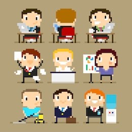 different pixel art office characters, 8-bit characters, office character at his desk working on laptop, happy man with paper agreement, woman showing the presentation and other office characters  