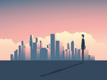 city skyline panorama illustration with businessman watching. city skyline corporate world. skyline of a city for business background. cityscape skyline with skyscrapers. city skyline banking symbol.