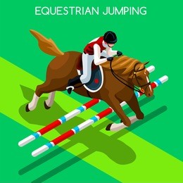 equestrian jumping athletes sportswoman games. 3d isometric athlete. sporting championship people set competition. sport infographic equestrian jumping events vector illustration background