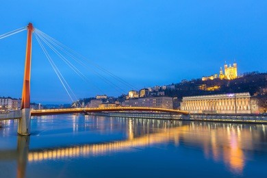 lyon notre-dame de fourviere basilica with saone river night, france