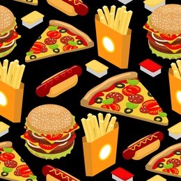 fast food pattern. hamburger and french fries on black background. pizza and hot dog texture. ornament delicious meal. cheese sauce and ketchup
