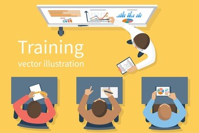 business training staff, concept. briefing meeting. corporate training, seminar. flat style vector. conference employee. training conference planning business decisions.