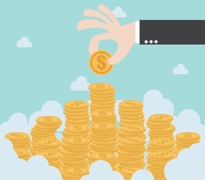 hand put coin to money mountain. flat design for business financial marketing banking advertising commercial event minimal concept cartoon illustration.