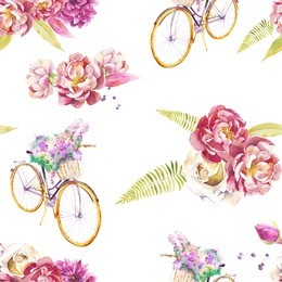 watercolor summer seamless pattern with floral bouquet and bicycle. hand drawn repeating texture with vintage bicycle and peonies, roses and plants composition on white background. 