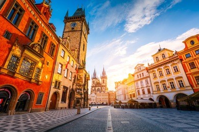 fantastic view of the town hall and temple of our lady before tyn in sunlight at dawn. dramatic scene. location famous place (unesco heritage) square on prague, czech republic, europe. beauty world.
