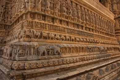 old indian temple. fragments of walls,sculptural details that adorn the temple. jagdish mandir temple udaipur, india.