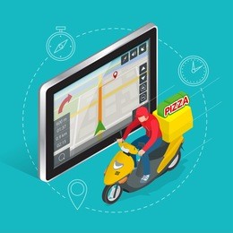 geolocation gps navigation touch screen tablet and fast delivery service. pizza delivery concept. flat 3d vector isometric illustration.