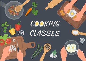 cooking classes concept illustration. cooking vector banner. top view table with chefs hands.