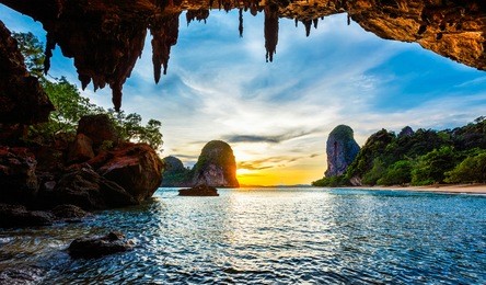 tropical holidays  beach vacation in thailand tourism concept - panoarma of pranang beach on sunset. railay , krabi province thailand