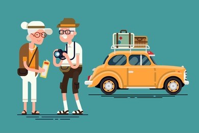 cool vector flat character design on senior age travelers with vintage old car with luggage on top. retired tourists couple ready to their road trip. grandparents having summer holidays trip