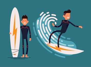 cool vector surfer character in wetsuit with surfboard standing and riding on ocean wave. recreational beach water sport flat design character on surfing. man on surfing vacation. surf travel