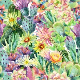 watercolor blooming cactus background. exotic cacti with flowers seamless pattern. succulent plants and cactus garden pattern. hand painted watercolor illustration.