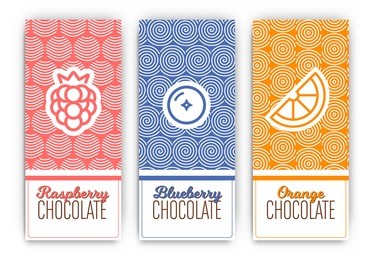 chocolate packaging set - collection of vertical designs of raspberry, blueberry, and orange flavoured chocolate bars - mono line style pattern and icon designs