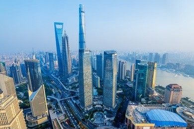 shanghai skyline with its newly built  iconic skyscrapers.