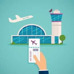 hand holding boarding pass at airport. traveling on airplane, planning a summer vacation, tourism and journey objects and passenger luggage. flat design modern vector illustration concept.